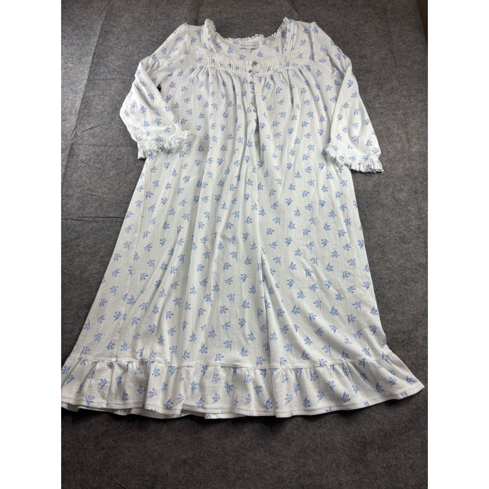 Eileen West Blue Floral Cotton Blend Lace Trim Ruffle Nightgown Womens L Whimsy